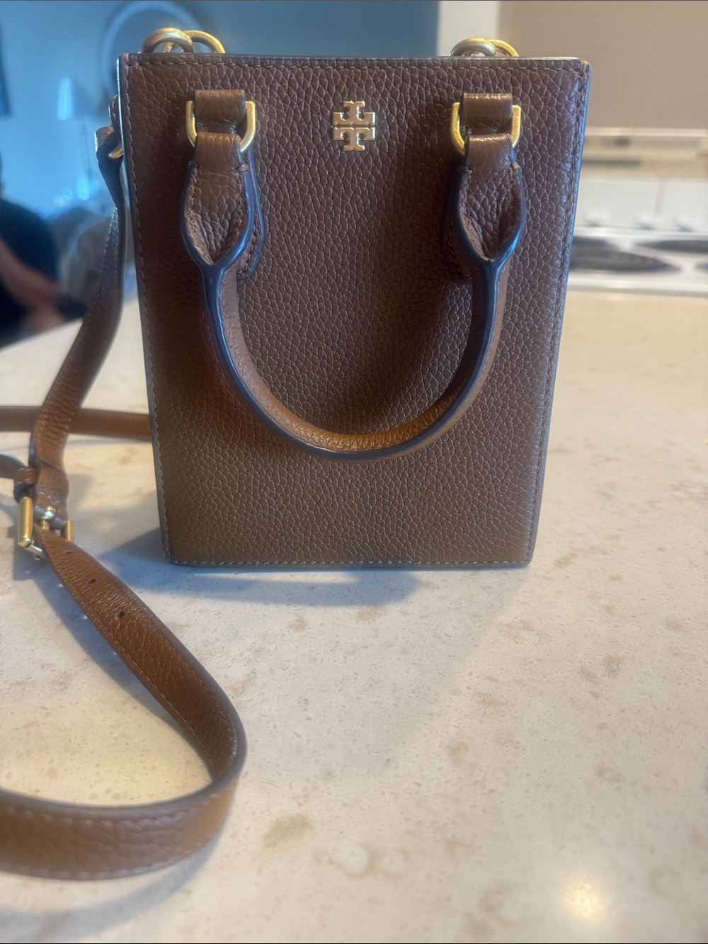 Tory Burch Brown Pebbled Mini Tote with Gold Hardware